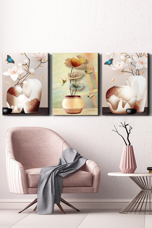 Vazo Çiçek 3 Parça Kanvas - Canvas Tablo