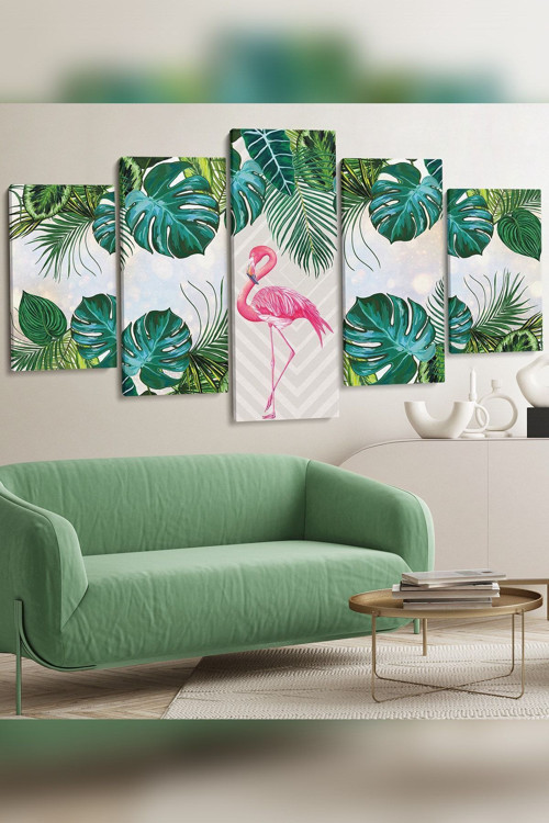 Flamingo Yeşil Doğa 5 Parça Kanvas - Canvas Tablo