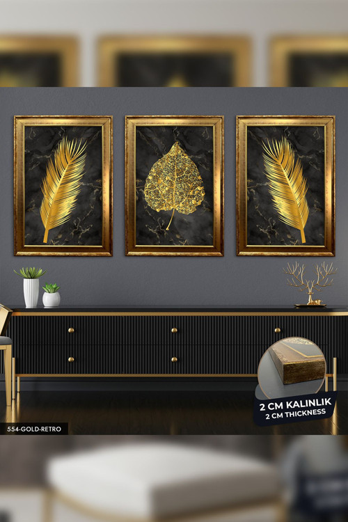 Çiçek Yaprak Gold 3 Parça Gold Retro Çerçeveli Tablo Cvplk
