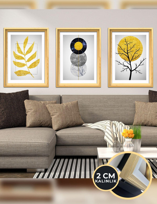 Gold Soyut Desenler 3 Parça Ahşap Çerçeveli Tablo Act