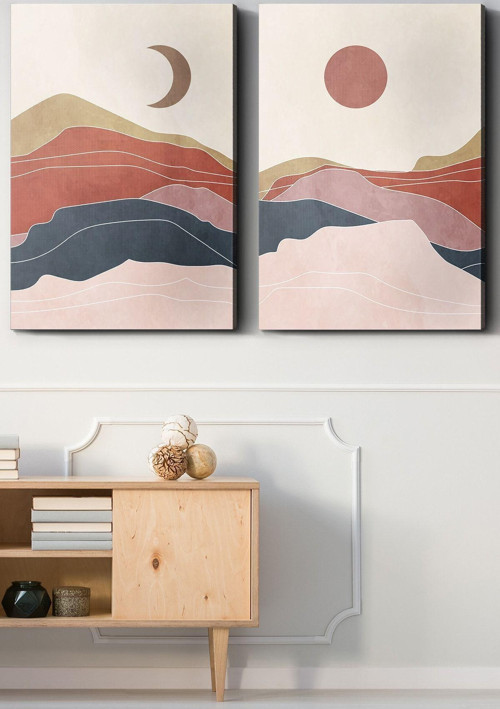 45X65 Cm Güneş Ay Soyut Çalışma 2 Parça Kanvas - Canvas Tablo