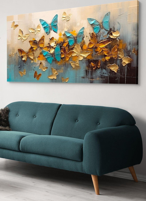 Mavi Kelebekler Gold Arkaplan Detaylı Tek Parça Kanvas - Canvas Tablo