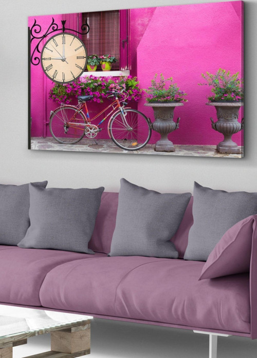 Çiçekli Sokak Saatli Kanvas - Canvas Tablo