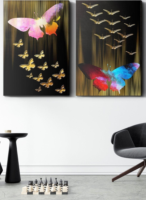 45X65 Cm Gold Kelebekler 2 Parça Kanvas - Canvas Tablo