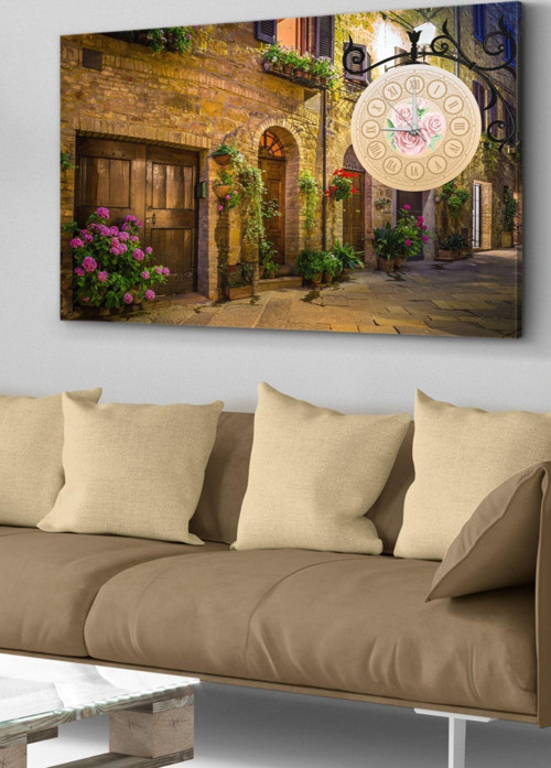Çiçekli Evler Saatli Kanvas - Canvas Tablo