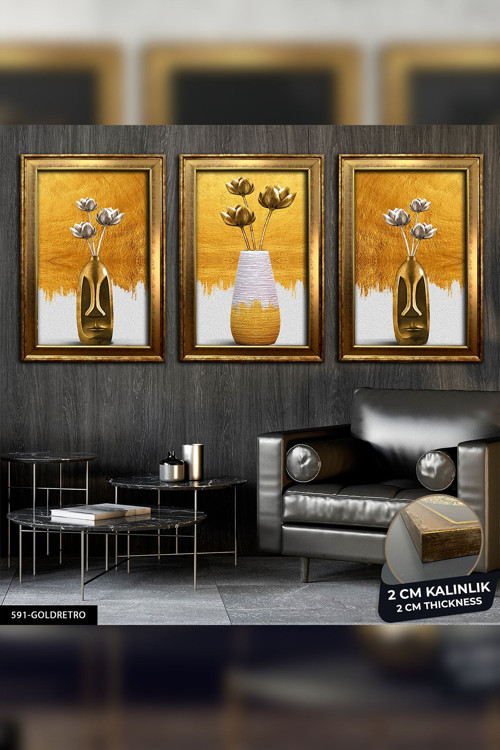 Vazo Çiçekler Gold 3 Parça Çerçeveli Tablo Cvplk