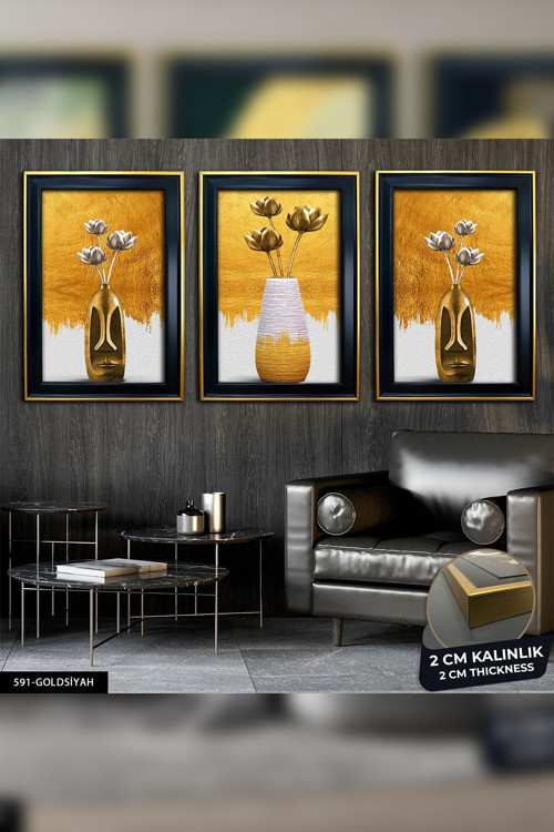 Vazo Çiçekler Gold 3 Parça Çerçeveli Tablo Cvplk