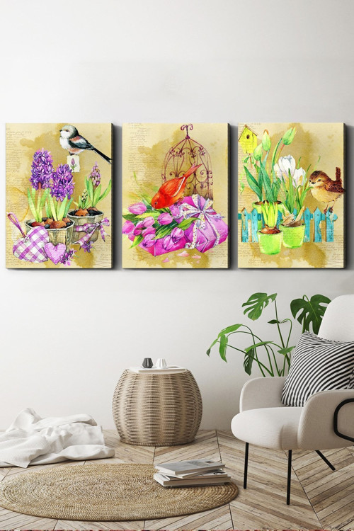 Kuşlar Çiçekler 3 Parça Kanvas - Canvas Tablo