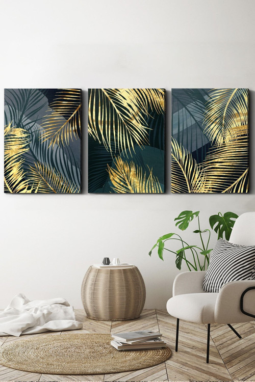 Gold Yapraklar 3 Parça Kanvas - Canvas Tablo