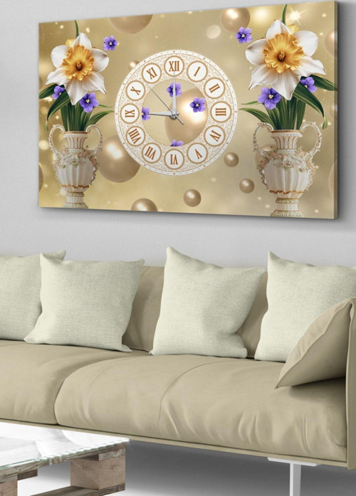 Gold Vazoda Çiçekler Saatli Kanvas - Canvas Tablo