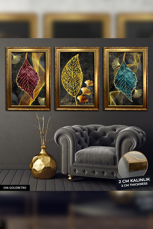 Soyut Gold 3 Parça Çerçeveli Tablo Cvplk