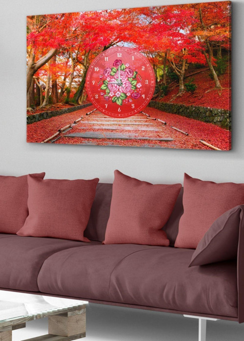 Kırmızı Yol Saatli Kanvas - Canvas Tablo