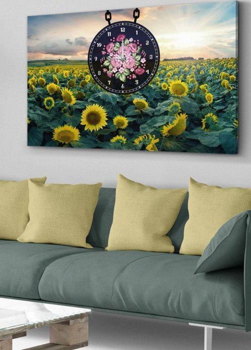 Ayçiçeği Tarlası Saatli Kanvas - Canvas Tablo