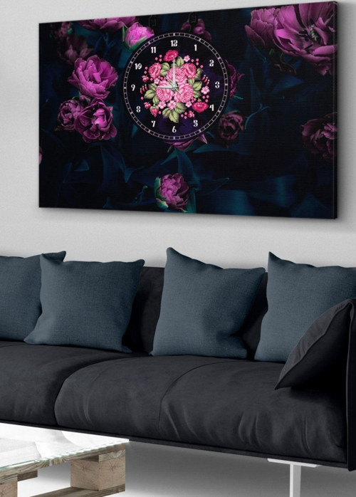 Mor Çiçek Saatli Kanvas - Canvas Tablo