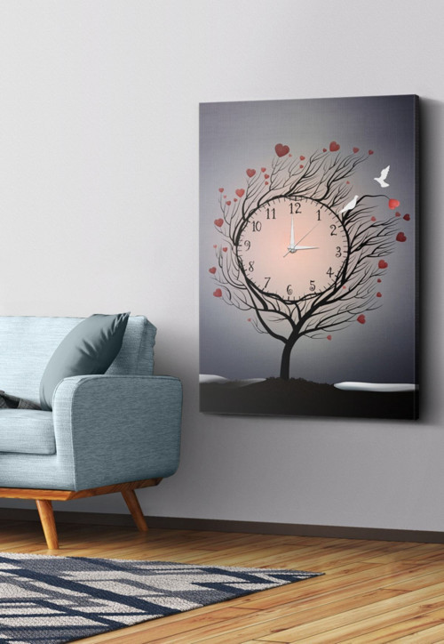 Kalp Ağaçlar Saatli Kanvas - Canvas Tablo