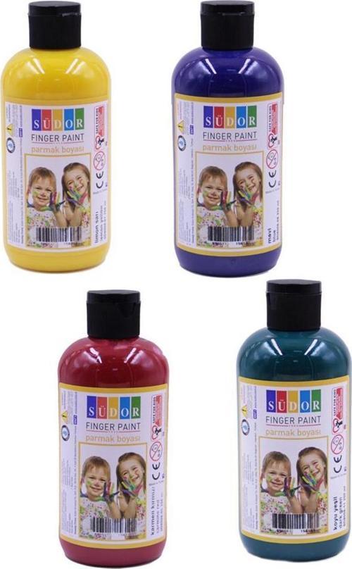 Parmak Boyası 250 Gr 4 Adet Çocuklar İçin Yıkanabilir Parrmak Boya Südor Okul Hobi Kreş Etkinlik Kırmızı Sarı Mavi Yeşil