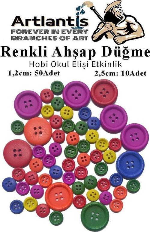 Renkli Düğme Ahşap 60 Adet 1 Paket Okul Kreş Sanat Etkinlik Anasınıfı 1,2cm 50 Adet 2,5cm 10 Adet