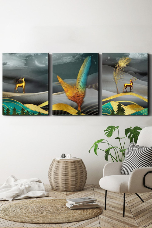 Soyut Sanatsal Geyik 3 Parça Kanvas - Canvas Tablo