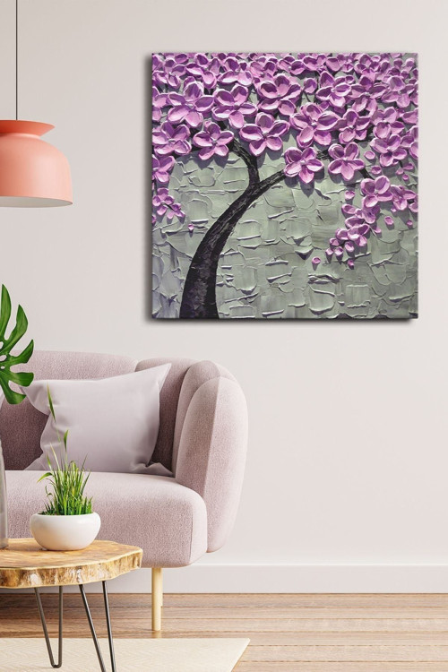 Renkli Yapraklı Ağaç Tek Parça Kare 65X65 Cm Kanvas - Canvas Tablo