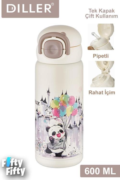 DILLER 600 ML Tek Kapak Çift Kullanım Pipetli/Pipetsiz Taşıma Kulplu Vacum Cup/Çelik Termos -FFDILLERD9252