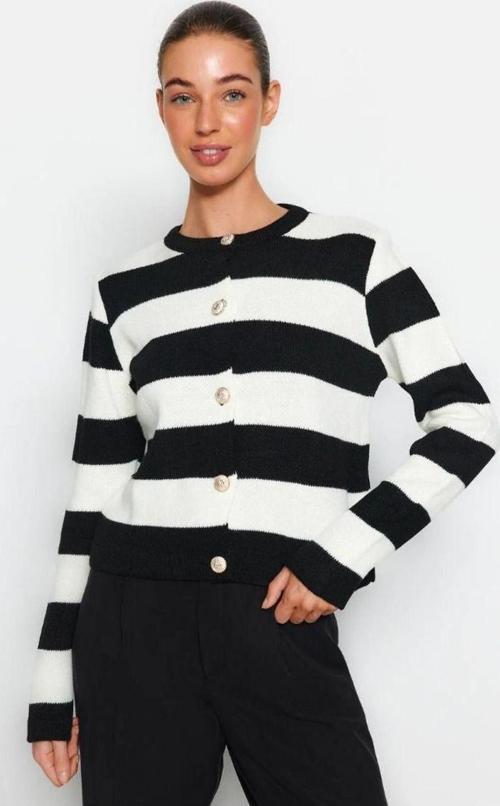 Şık Siyah Beyaz Çizgili, Düğme Detaylı Yuvarlak Yaka Triko Hırka Gold Düğmeli Standart
