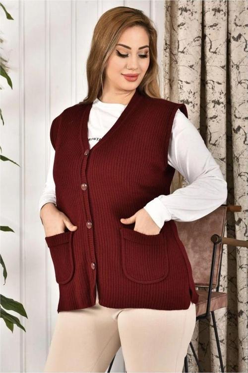 Kadın Düğmeli Bordo Triko Anne Yeleği Büyük Beden Fitilli Cepli Rahat Kesim L