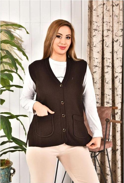 Kadın Üzeri Düğmeli Triko Anne Yeleği Büyük Beden Cepli Rahat Kesim Fitilli L