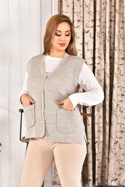 Kadın Üzeri Düğmeli Bej Renk Triko Anne Yeleği Büyük Beden Rahat Kesim Fitilli M