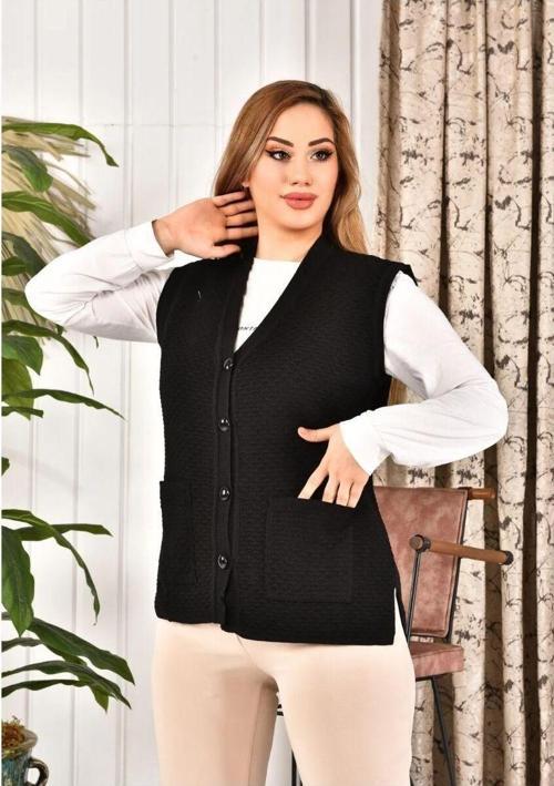 Kadın Düğmeli Siyah Renk Triko Anne Yeleği Büyük Beden Cepli Rahat Kesim Yelpaze Desen XL