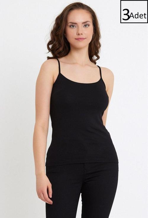 Kadın Atlet 3'Lü Paket Siyah Renk Biye İp Askılı L