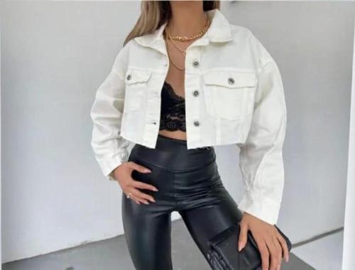 Kadın Beyaz Pamuklu Crop Kot Ceket