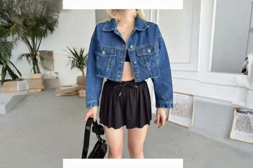 Kadın Lazer Kesim Cep Detaylı Crop Denim Ceket-Koyu Mavi