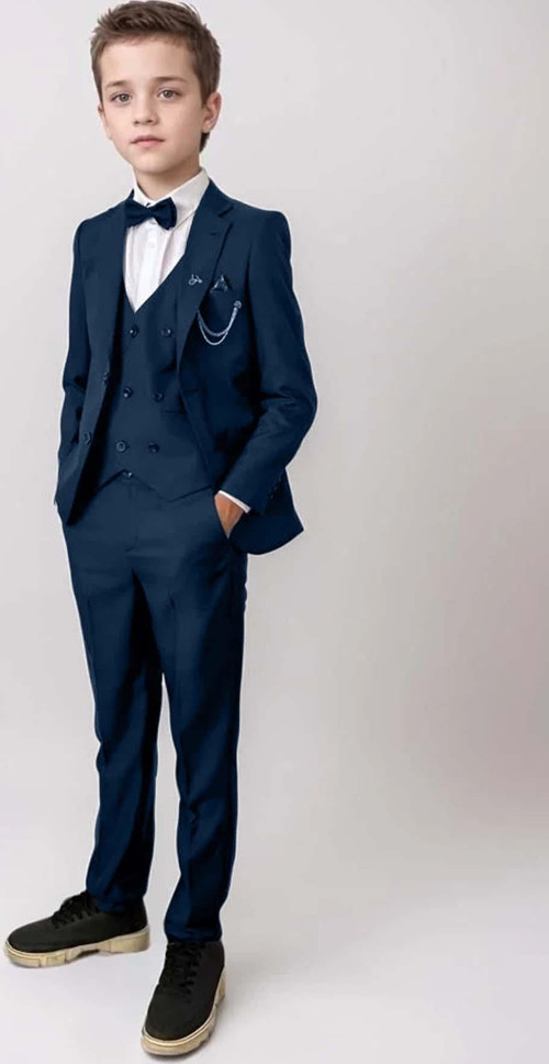 Erkek Çocuk Blazer Ceketli, Cepken Yelekli Lacivert Takım Elbise 5-9 Yaş