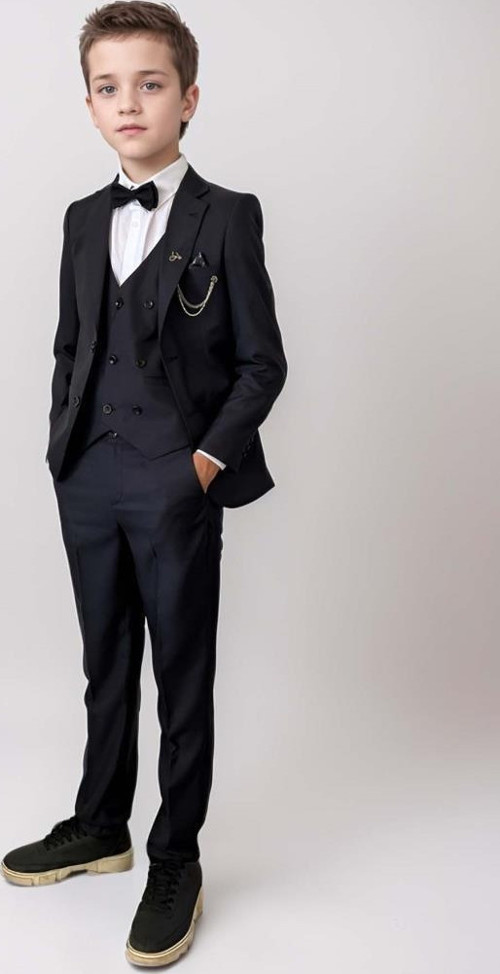 Erkek Çocuk Blazer Ceketli, Cepken Yelekli Siyah Takım Elbise 10-16 Yaş
