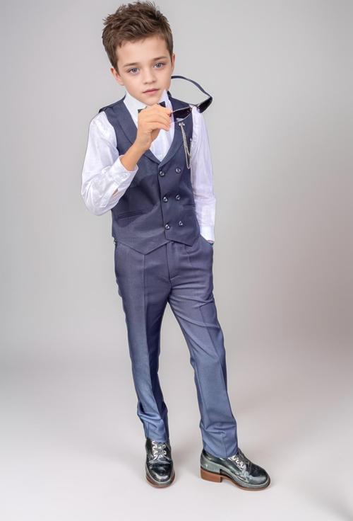 Erkek Çocuk Cepken Yelekli Şal Yaka Lacivert Takım Elbise 10-16 Yaş