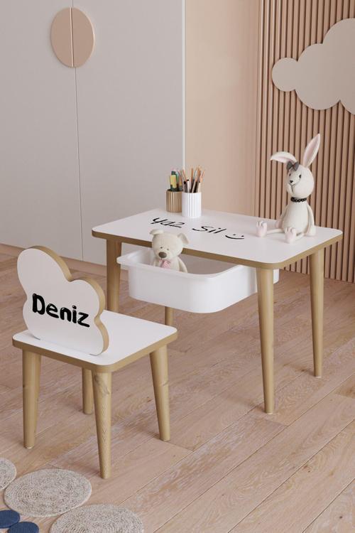 Ücretsiz Özel Isimli Çocuk Masa Sandalye Çekmeceli Yaz Sil Oyun Etkinlik 1 Adet Masa 1 Adet Sandalye
