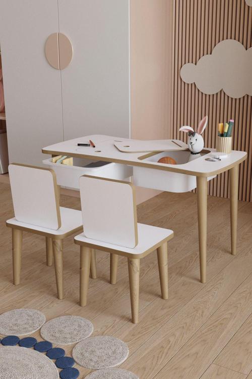 Montessori Çocuk Masası Oyun Masası Aktivite Masası  2 Adet Sandalyeli 2 Çekmeceli