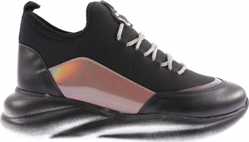 Kadın Kalın Taban Strech Detaylı Silver Taş Bağcıklı Sneakers Ayakkabı Siyah 4263137