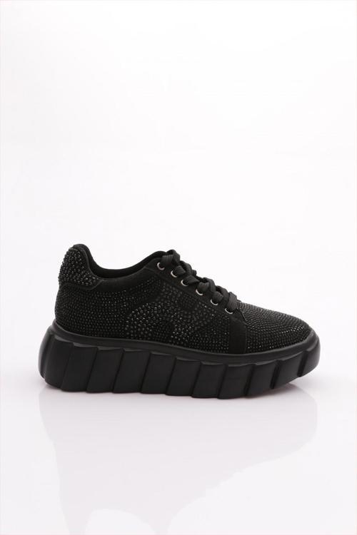 Kadın Bağcıklı Kalın Taban Sneaker Ayakkabı Siyah Siyah Taş 61233410