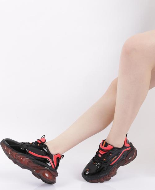 Kadın Bağcıklı Mega Kalın Taban Sneakers Ayakkabı Siyah Kırmızı 812613138