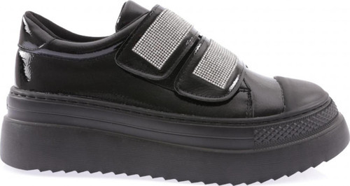 Kadın 2 Cırtlı Bantları Silver Taşlı Kalın Taban Sneaker Ayakkabı Siyah Kırışık Siyah 910921097