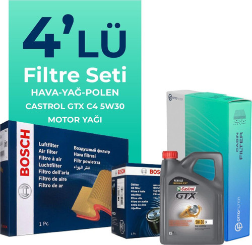 Renault Clio 1.0 Benzin SCe Filtre Bakım Seti Castrol Motor Yağlı (2019-2024) 4 Lü