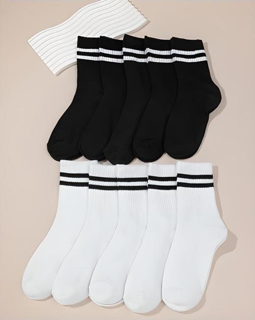 Unisex Beyaz Çizgili Kolej Çorap 10'Lu Paket (Pamuk)
