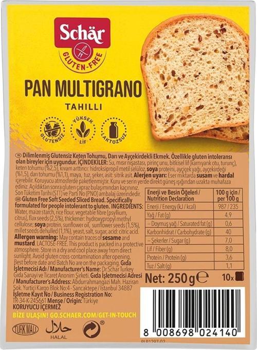 Pan Multigrano Glutensiz Ketenli Ayçekirdekli Ekmek 250 Gr (8 Adet)