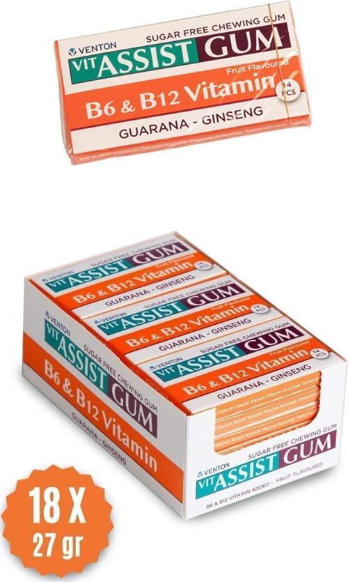 Vit-Assist Gum B6 Ve B12 Vitamini Ilaveli Tatlandırıcılı Şekersiz Sakız