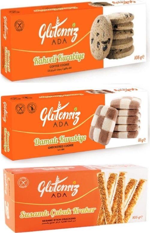 Glutensiz Atıştırmalık 3’Lü Set, Damalı-Kahveli Kurabiye, Susamlı Çubuk Kraker