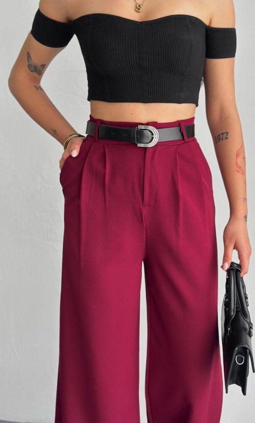 Kemerli Kadın Kumaş Pantolon /Çift Köprü Kalın Kemer- Kumaş Pantolon Baggy Model