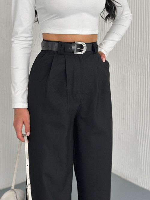 Kemerli Kadın Kumaş Pantolon / Çift Köprü Kalın Kemer- Kumaş Pantolon Baggy Model