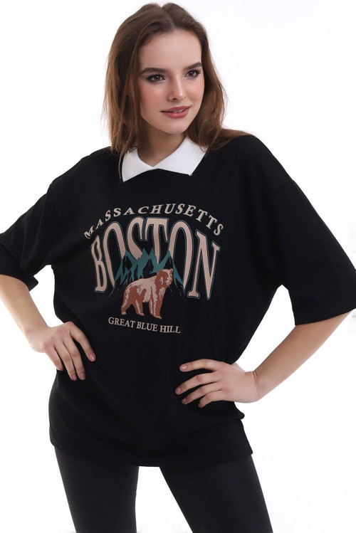 Yaka Detaylı Baskılı Tshirt
