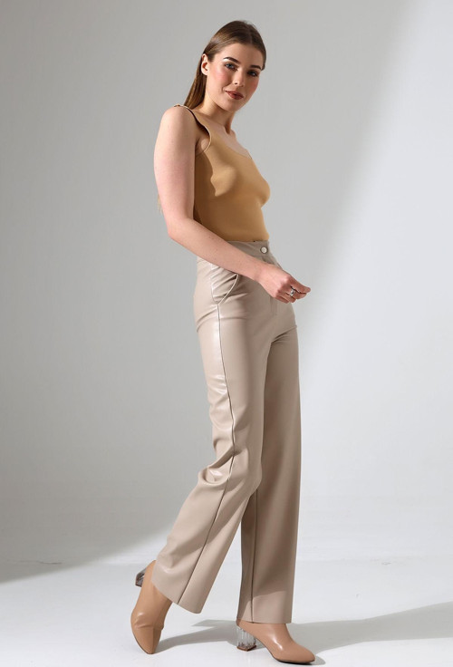 Kadın Deri Pantolon Cepli /Bol Paça Deri Pantolon /Faux Leather Pants